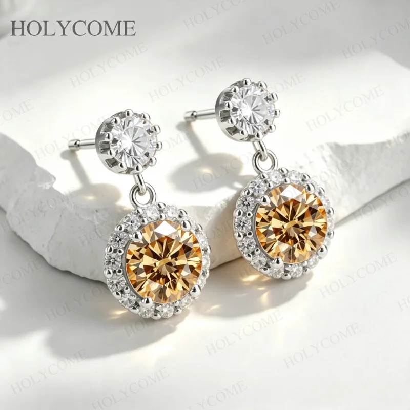 925 Sterling Silber Moissanit Halo Tropfen-Ohrringe Runder Brillantschliff Hängeohrringe für Damen Brautschmuck – Detail 10