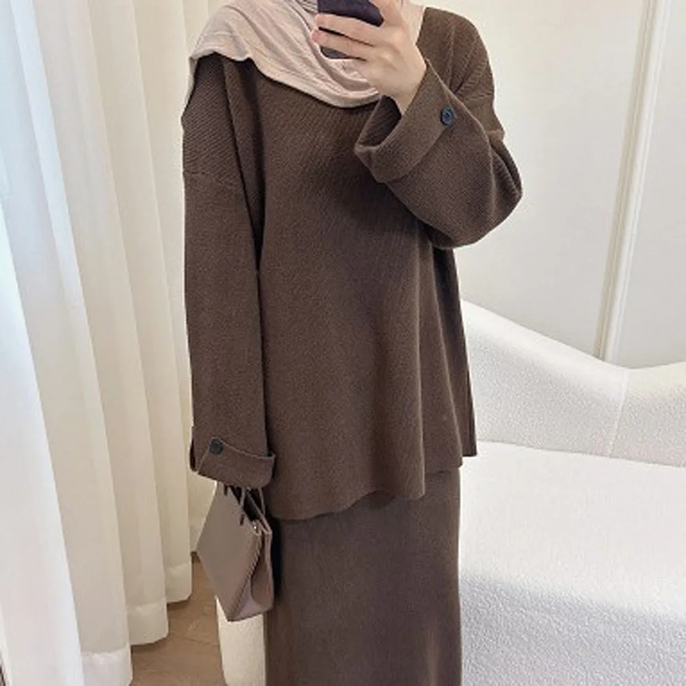 Skromny dzianinowy sweter, gładki komplet dwuczęściowy dla kobiet muzułmańskich, abaja, top, spódnica, islamski kaftan, szata, kaftan dla kobiet muzułmańskich, kaftan.