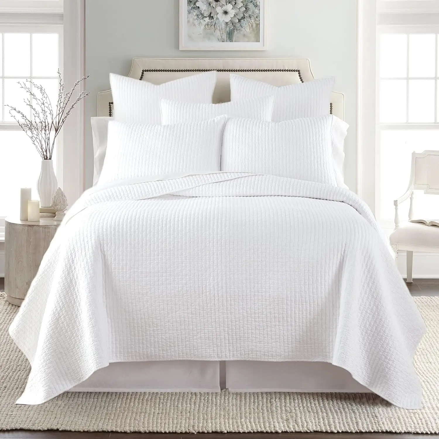 Cross Stitch Bright White Quilt Set - 100% Cotton - King/Cal King Quilt (106x92in.)  2 King (36x20in)