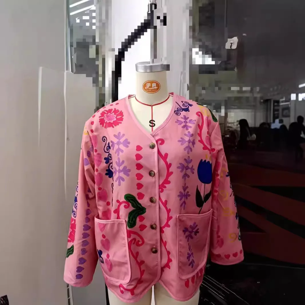 스위트 슬레 롱 슬리브 프린트 재킷 싱글 버튼 핑크 패션 아우터웨어 여성용 코트 봄 2025 PU 소재