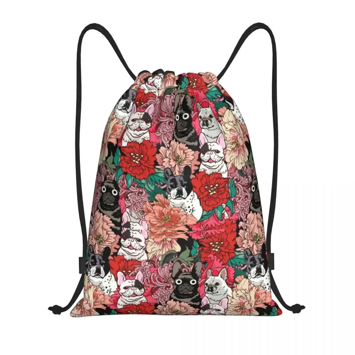 

Flowers French Bulldog Drawstring Bags Men Women Foldable Sports Gym Sackpack Cute Animal Shopping Storage Backpacks