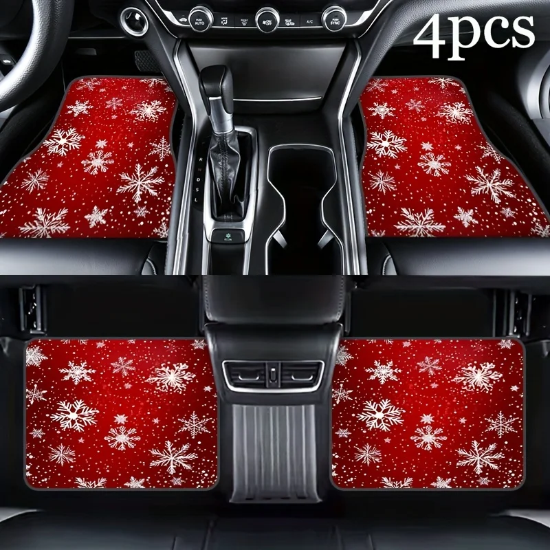 A Complete Set Of Four Red Snowflake Car Interior Mats Suitable For Most Vehicle Types, Including Suvs, Family Sedans, And Picku