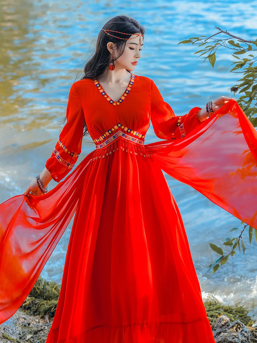 Khalee Yose Vintage Boho Chiffon Maxi Dress Red Floral Emboridery Long Sleeve Beach Women Chic Holiday Beach Party Dresses New