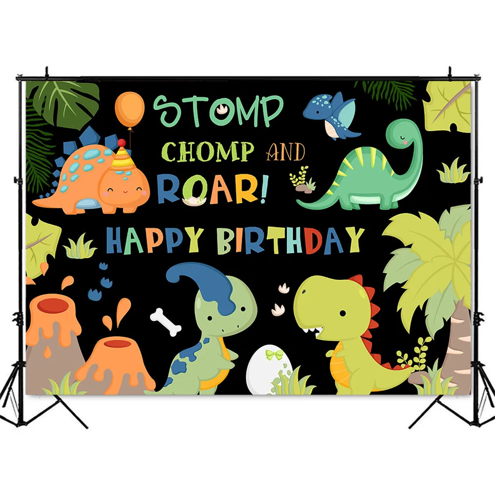 Fondo con temática de jungla de dinosaurio de acuarela, Fondo de fotografía de feliz cumpleaños, suministros de fiesta de cumpleaños de dinosaurio