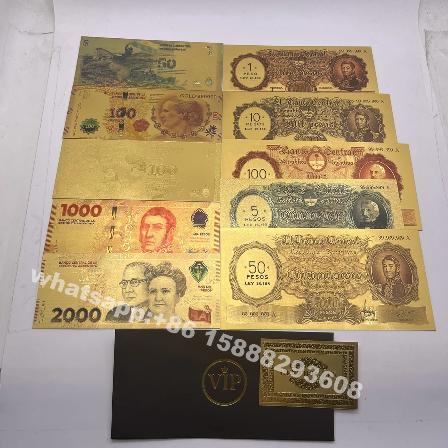 

10pcs/set Argentina Gold plated Banknote 100-10000 PESO Commemorative Banknote Collectible Souvenir craft money for travel gifts