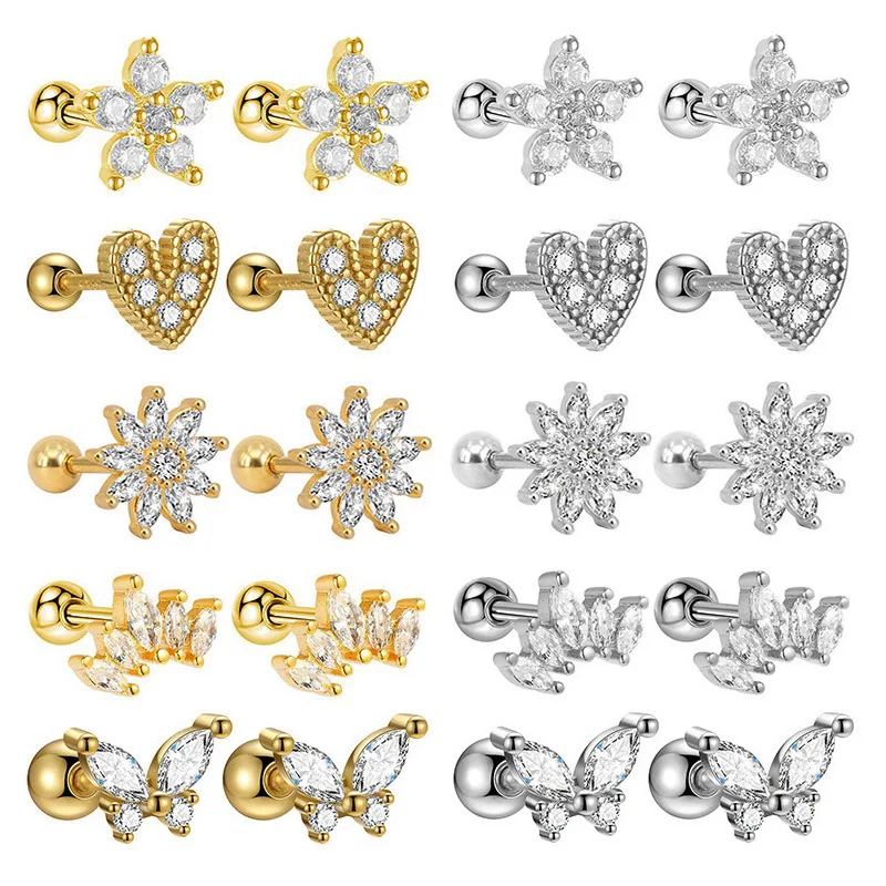 

2 Pcs Cute Snowflake Cross Stainless Steel Small Stud Earrings for Woman White Crystal CZ Helix Tragus Cartilage Ear Studs