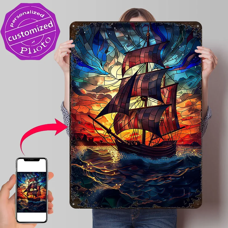 Stained Glass Pirate Ship 3D Texture Metal Poster Customized Wall Art Tin Sign Gift for Mancave Decoration Living Room Ornaments
