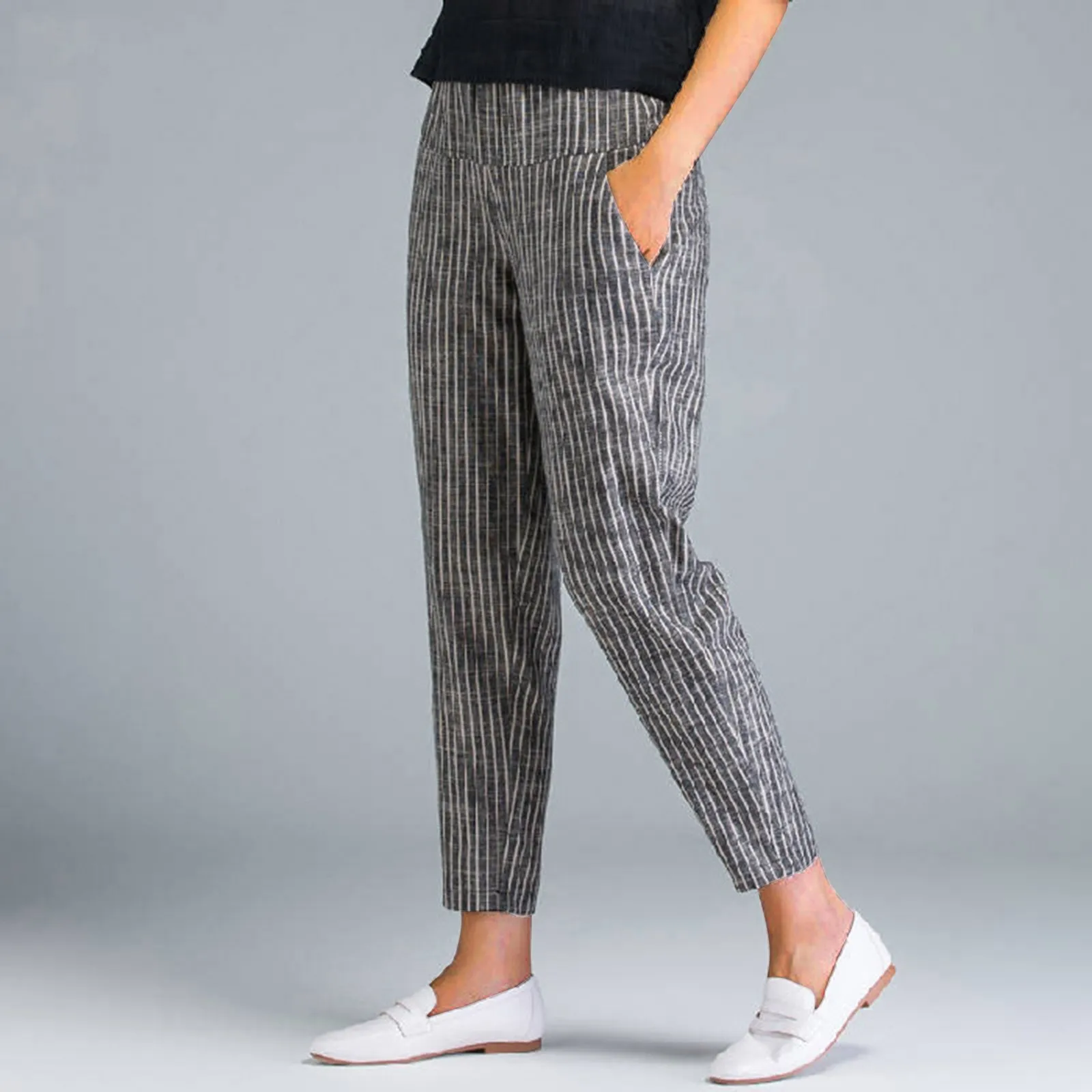 Women'S New Cotton Hemp Harlan Pants Vertical Stripes Simple Thin Nine-Point Pants Slim Radish Pants Classic All Match pants