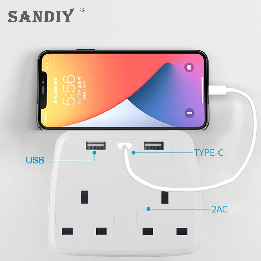 SANDIY UK Standard Wall Outlet 16a 220v Universal Power Plug White Adapter 2 Usb Sockets 1 Type-C With Night Light