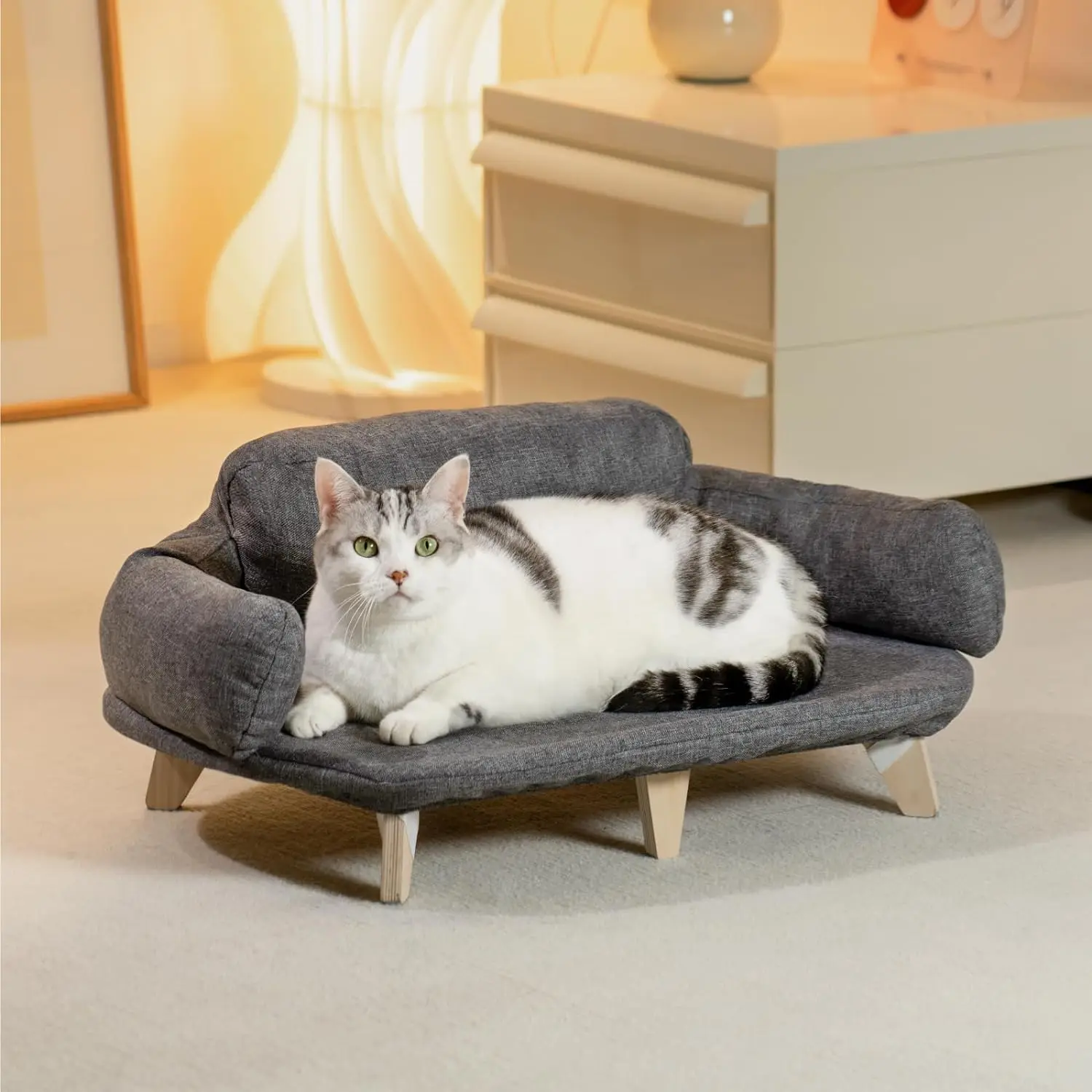 Imagem -03 - Mewoofun-cama para Gatos com Tampa Lavável Removível Sofá Elevado para Gatos Cães Pequenos e Médios Sofá para Animais de Madeira