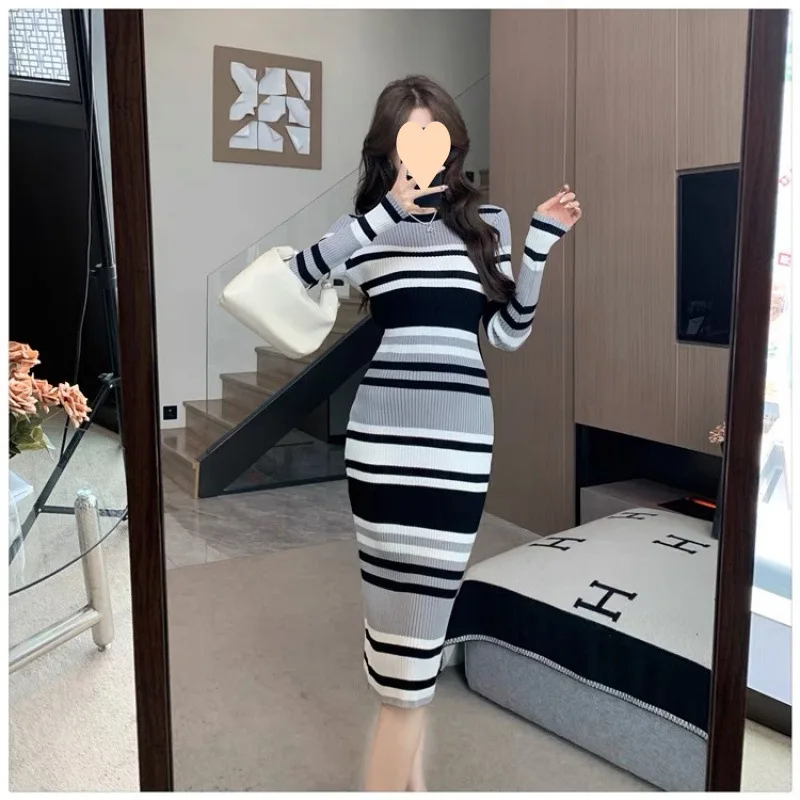 بلوفر بطول الركبة K Pop البلوزات لاعبا النساء الصلبة الحياكة الرسمية منتصف العمر محبوك شبه عالية سلس ستار مخطط Ins