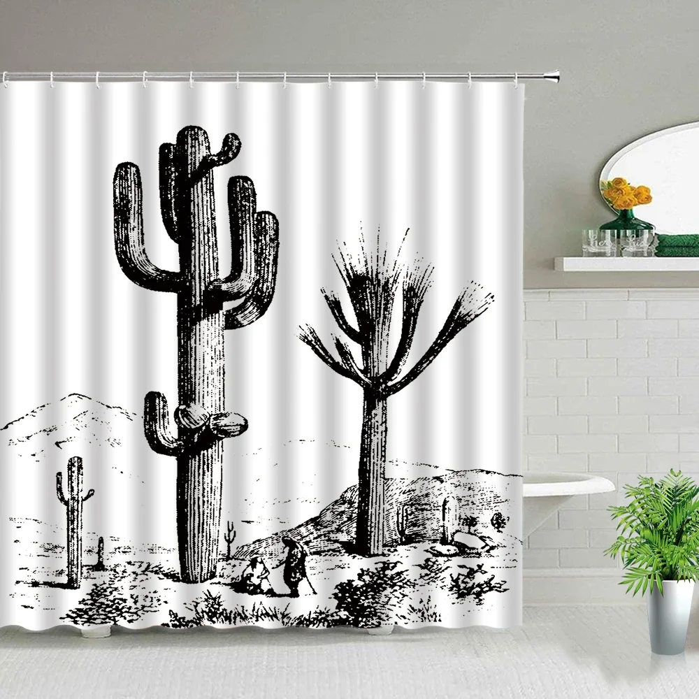 Hand Painted Black And White Tropical Plant Cactus Flower Shower Curtain Bathroom Decor Screen Waterproof Bath Curtain With Hook