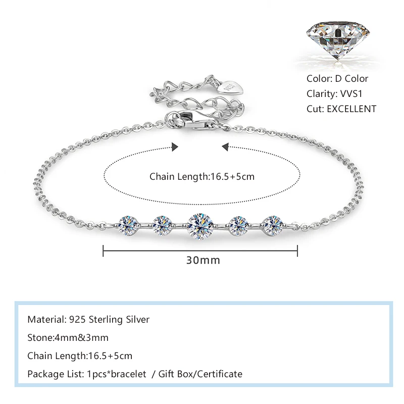 Lnngy zertifiziertes Fünf-Stein-Moissanit-Armband, 925er-Sterlingsilber, Kettenarmbänder für Frauen, Charm-Handschmuck, 2026-Trendgeschenk – Detail 6