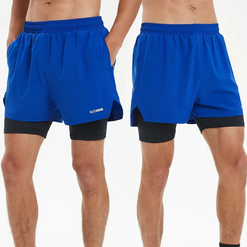 Men Summer Swim Shorts Sportswear 2 in 1 Compression Jogging Short Beach Casual Pants Double-deck Bottoms with Zipper Pockets