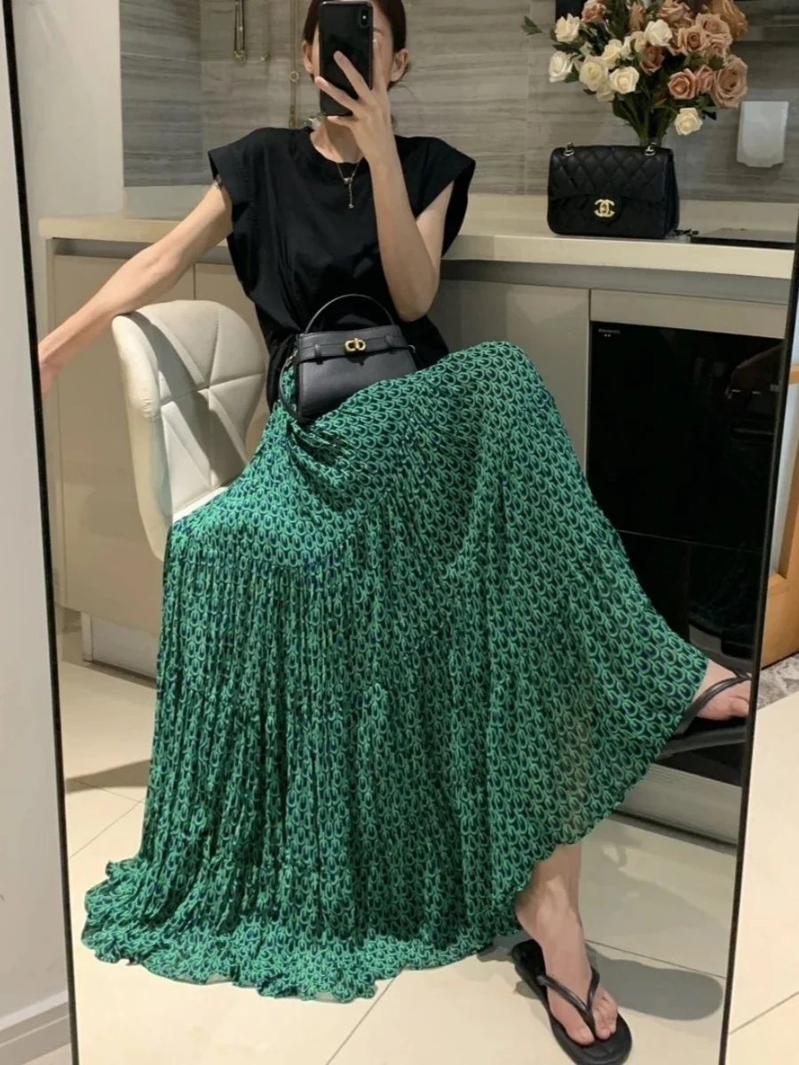 

Retro ell een Floral Elastic Waist Women's Midi Skirt Summer New Sle High Waist Versatile Slim A-Line Long Skirt