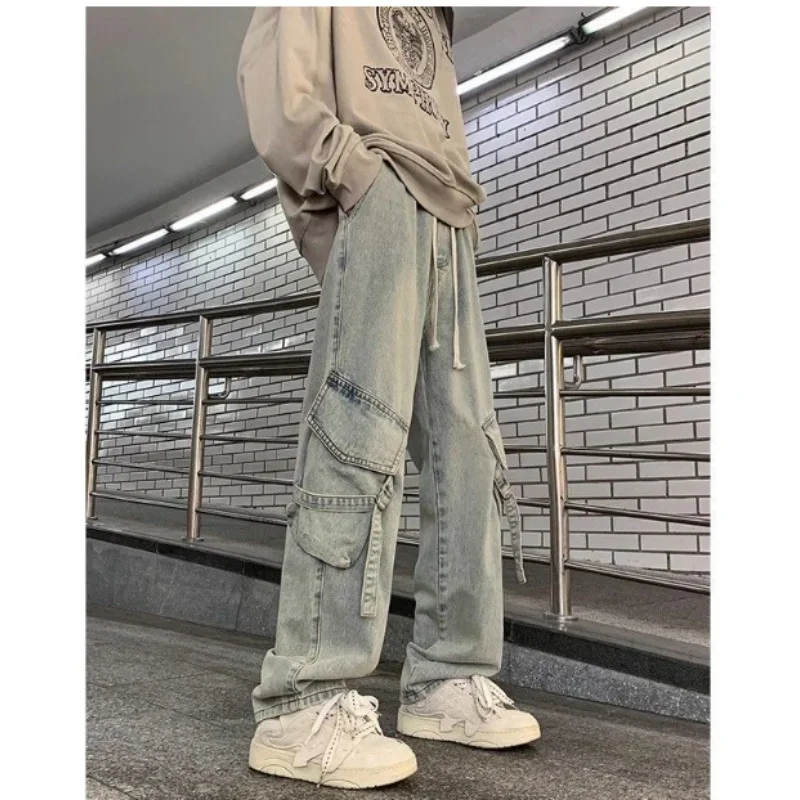 New Overalls Jeans Men and Women American Retro High Street Micro-la Washed Wide-leg Straight Pants Jeans