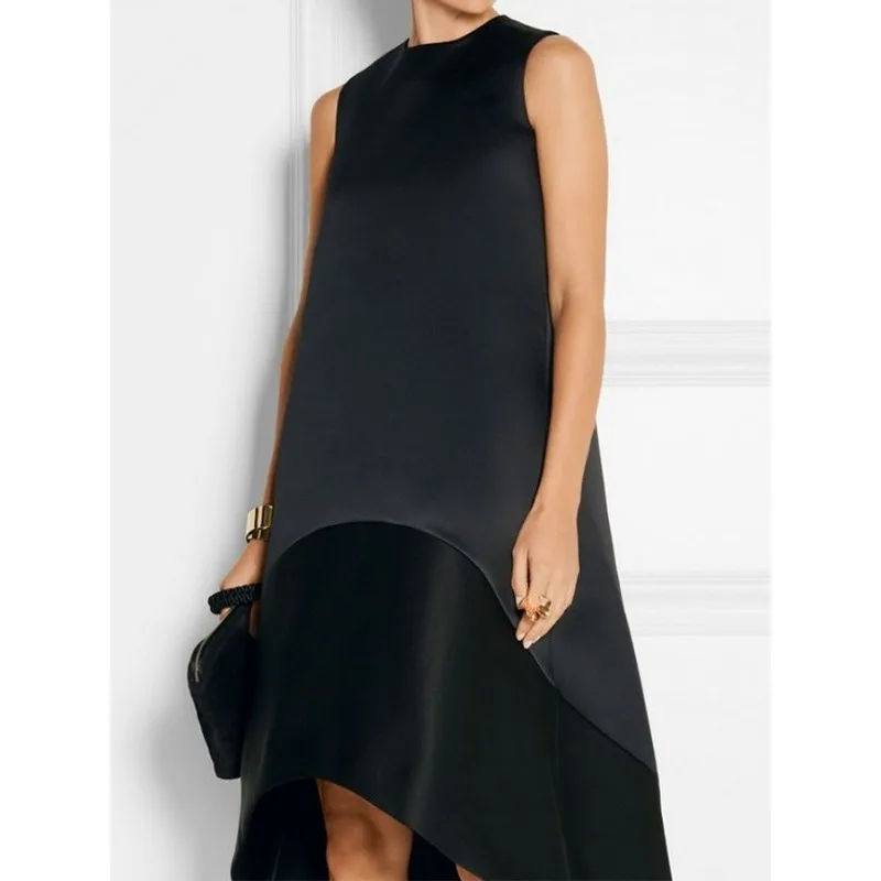 فستان صيفي أسود غير منتظم للنساء 2025 لربيع وصيف رقبة مستديرة بدون أكمام على شكل حرف a فساتين طويلة أنيقة للحفلات 176961