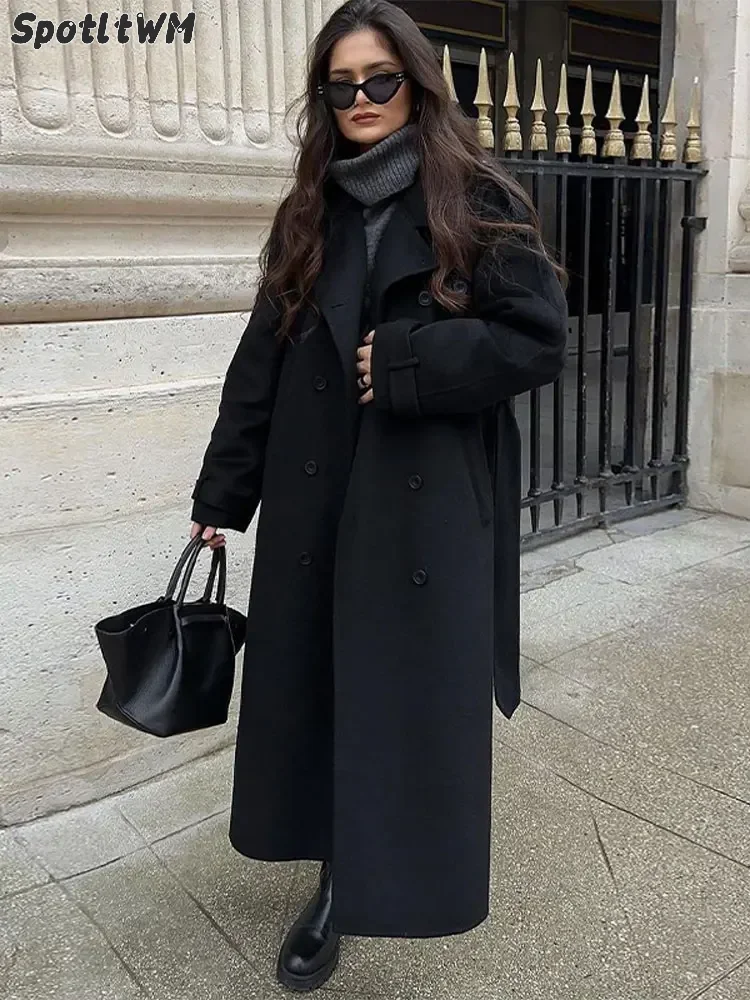 Abrigo de lana con solapa negra para mujer, abrigo holgado de manga larga con doble botonadura y cinturón, ropa de calle, Otoño, 2024