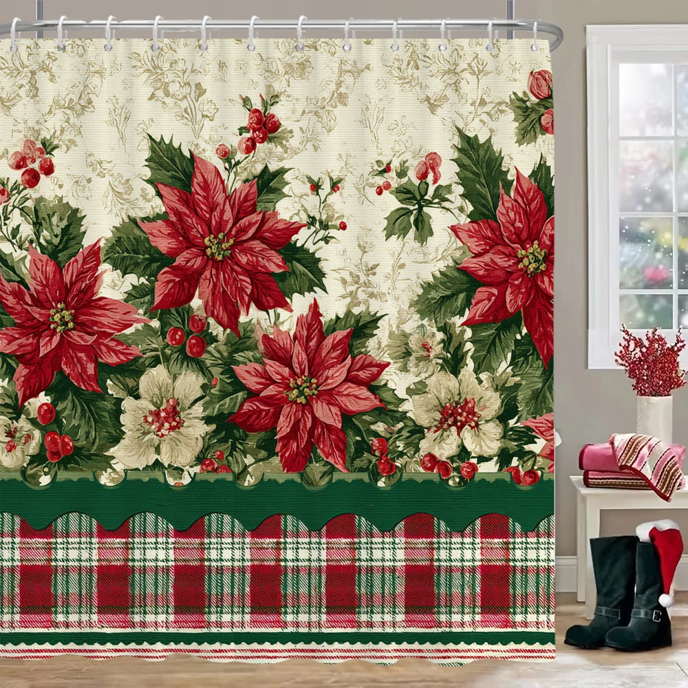 

Christmas Shower Curtain, Bathroom Decorative Christmas floral fabric Shower Curtain, Waterproof Shower Curtain with Hooks