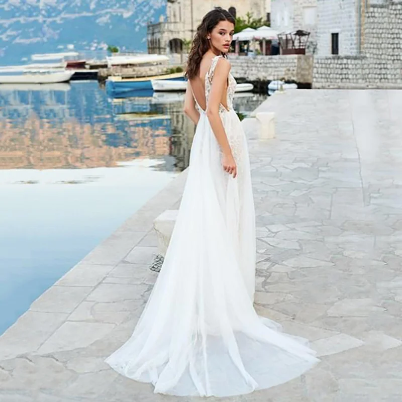 Sexy profundo decote em v vestido de casamento cintas de espaguete lado split sem costas vestido de noiva rendas apliques zíper vestido de noiva personalizado