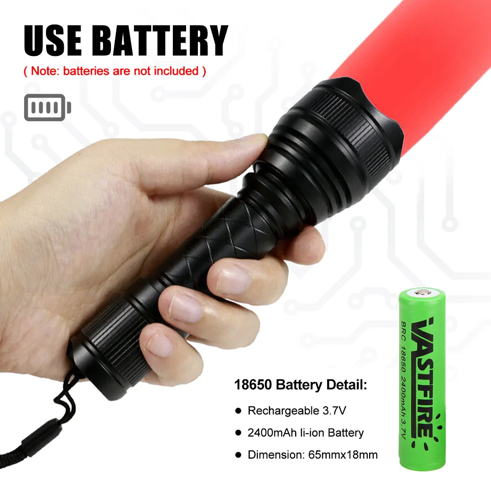 500 Yards Tactical R5 Red/Green LED Torch White Flashlight Adjust Focus USB Charging Lantern for Hunting Camping Hiking