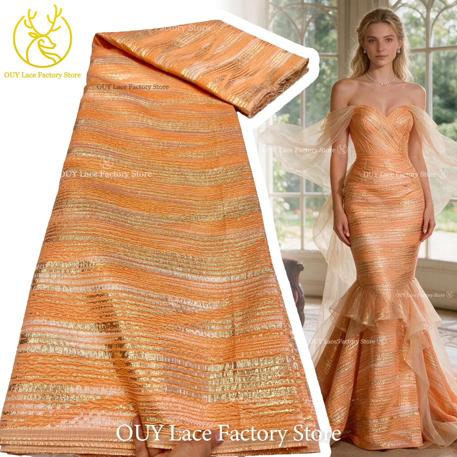 Luxury Orange Gold Gradient Horizontal Stripe Brocade Lace Fabric, African Jacquard Brocade Lace for High-End Women Party Gowns