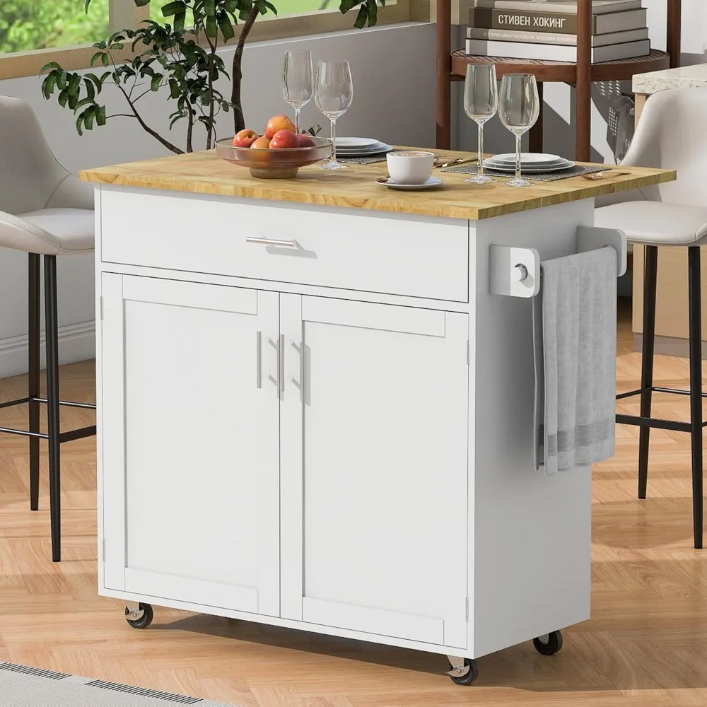 Kitchen Island On Wheels, Rolling Kitchen Carts with Drop Leaf Wooden Countertop and Storage Cabinet, Towel Rack, Wide Drawer