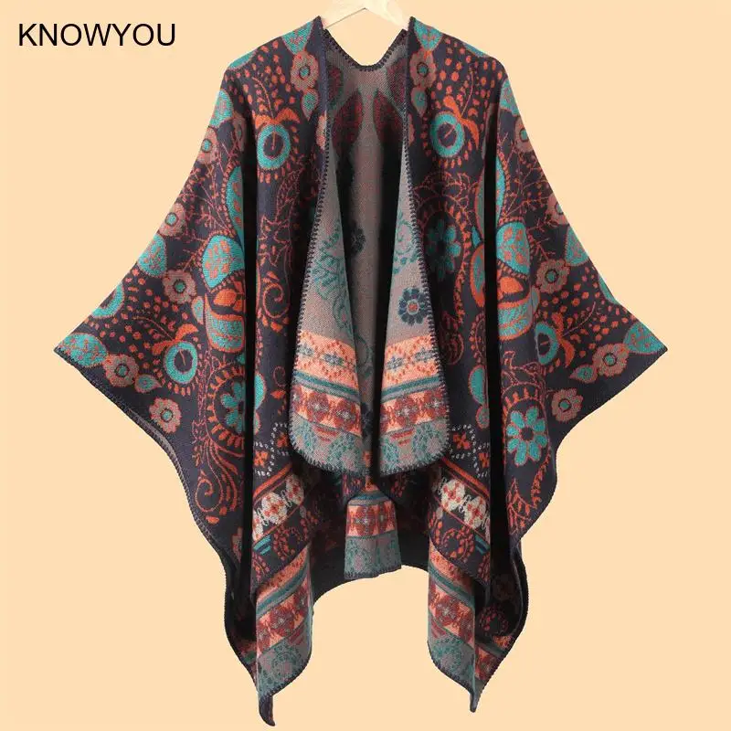 

Утолщенная шаль с цветочным принтом и накидки, разделенный плащ для мужчин, теплая повседневная верхняя одежда из пашмины из искусственного кашемира, куртка