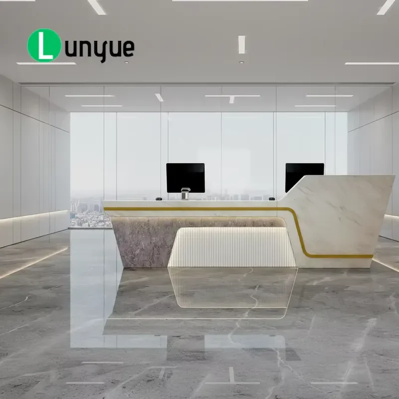 Modern Durable Eco-Friendly White Marble Effect Reception Desk with Gold Accent for Office Front Mall Outdoor Use