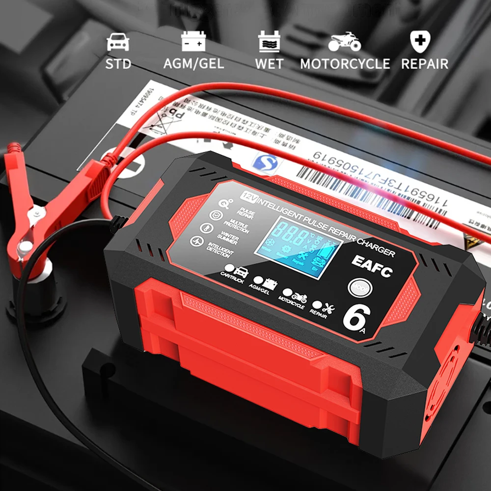 

12V 6A Smart Car Motorcycle Smart Storage Battery Charger Start/Stop Battery Full of Self-Stop Lead Acid Charging LCD Display