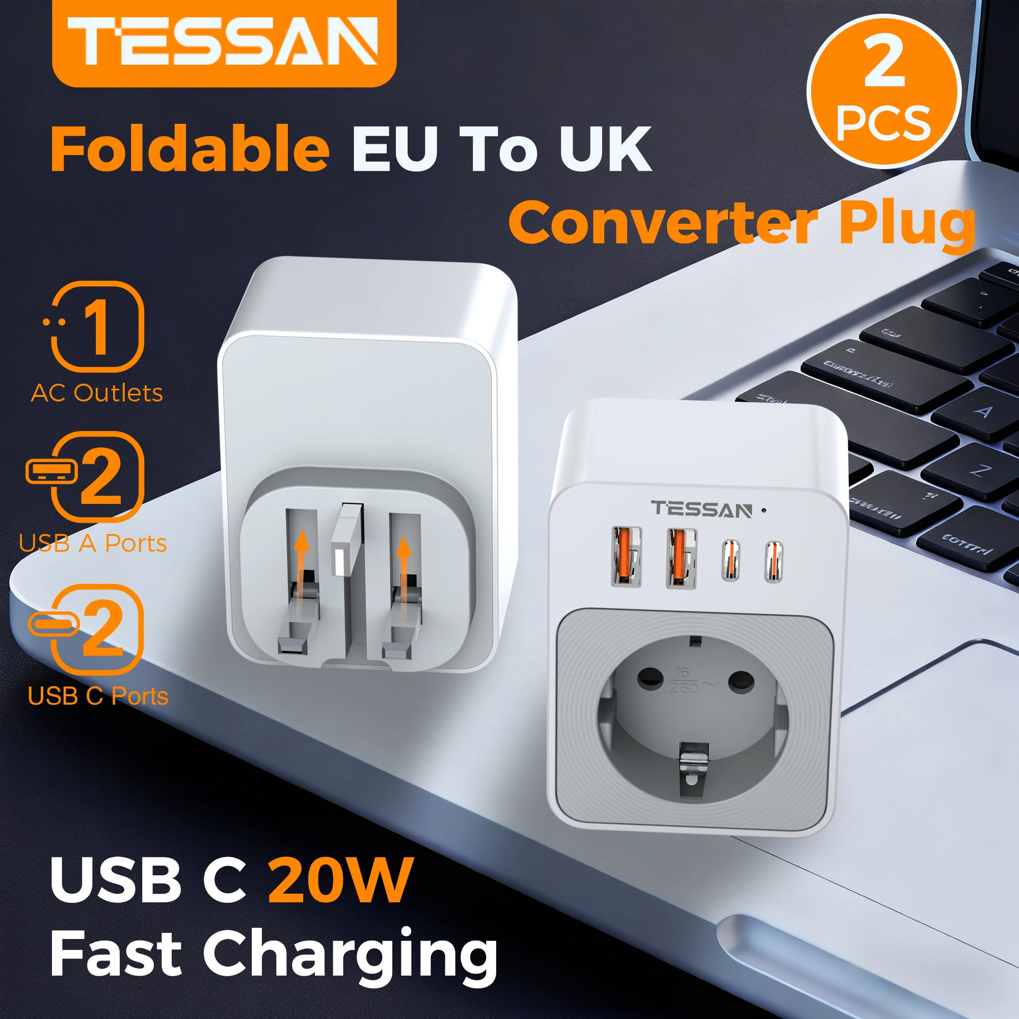 

TESSAN 2 шт. Складной дорожный адаптер из ЕС в Великобритании, британская вилка, Англия, 20 Вт, портативный дорожный адаптер для быстрой зарядки с 2 типами C 2 USB A