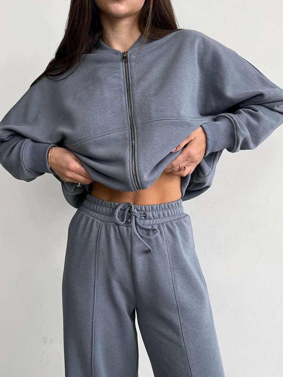 2024 Solid Zipper Sweatshirt Suit Women Long Sleeve Top Drawstring Wide-leg Pants Sets Loose Hooded 2-Piece Set Sports Outfits