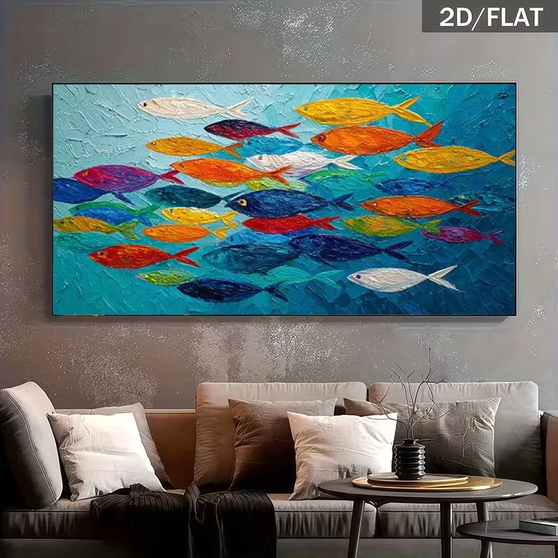Pintura en lienzo sin marco de 31, 49X62.99 pulgadas (80X160 cm) con un vibrante escultura de peces en un océano azul.