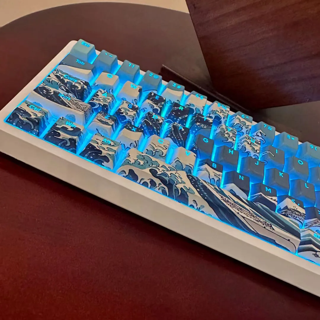 

Great Wave Of Kanagawa Shine Through PBT Keycaps 125 Keys Dye Sub Keycaps Cherry Profile for Cherry MX Switches Gaming Keyboard