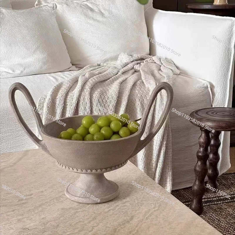 French Antique Style Binaural Tall Fruit Plate Ornament Retro Art Dried Fruit Plate for Living Room Coffee Table
