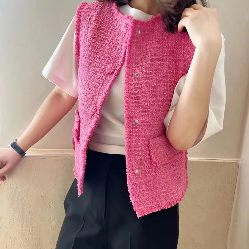 

Spring Summer New Pink Yellow Sleeveless Coarse Tweed Vest Jacket Design Polyester Fabric round Neck Single Button Closure