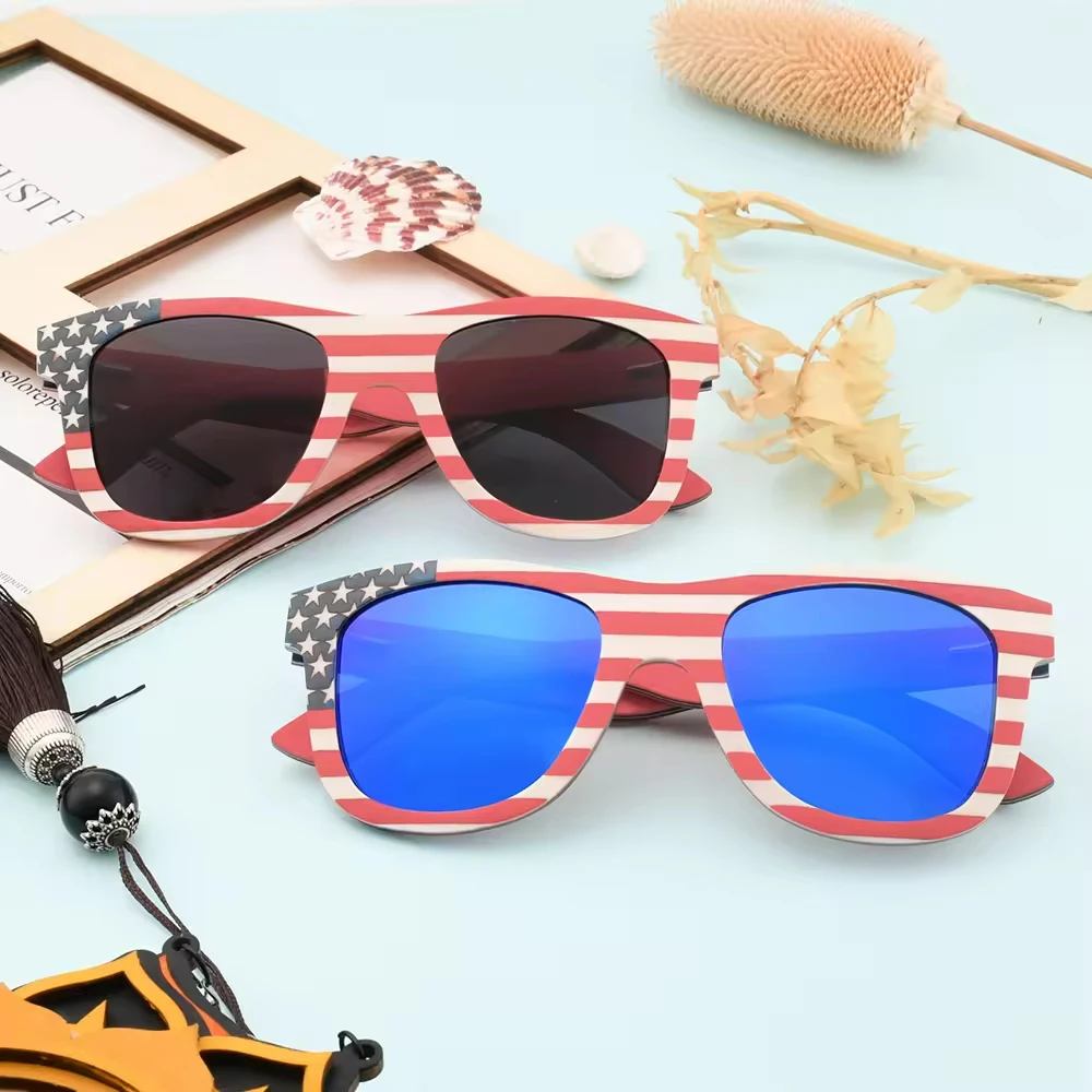 نظارات شمسية خشبية بعلم أمريكي للرجال والنساء بعدسات مستقطبة