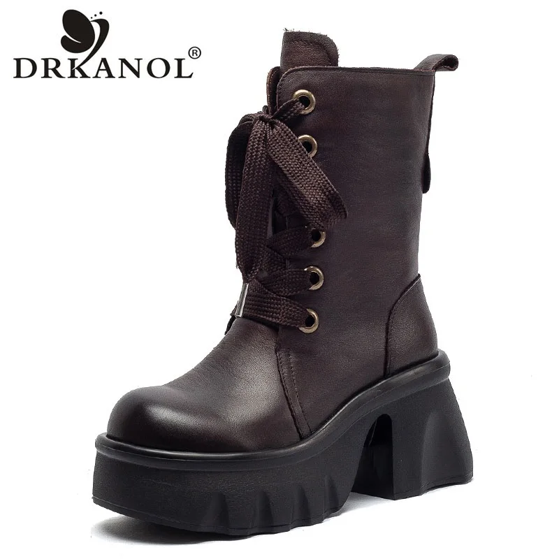 

DRKANOL 8cm High Heel Mid Calf Boots Women 2026 Autumn Winter Big Toe Genuine Cow Leather Platform Height Increasing Warm Boots