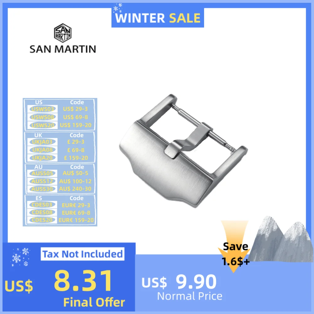 San Martin Watch Band Buckle Brushed 316L Stainless Steel 20mm 18mm Men Watchband Strap Watch Parts Silver Clasp Accessories