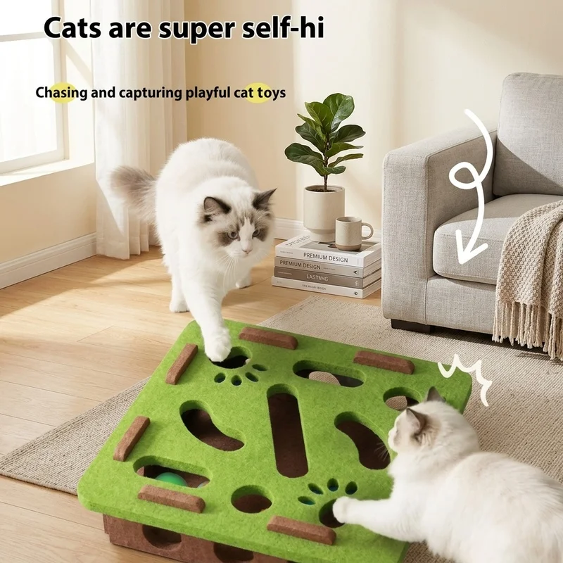 Interactive Cat Puzzle Maze Box, Felt Toy with Bell Balls, Multi-Hole Hide and Seek Game for Indoor Cats Kittens Boredom Relief