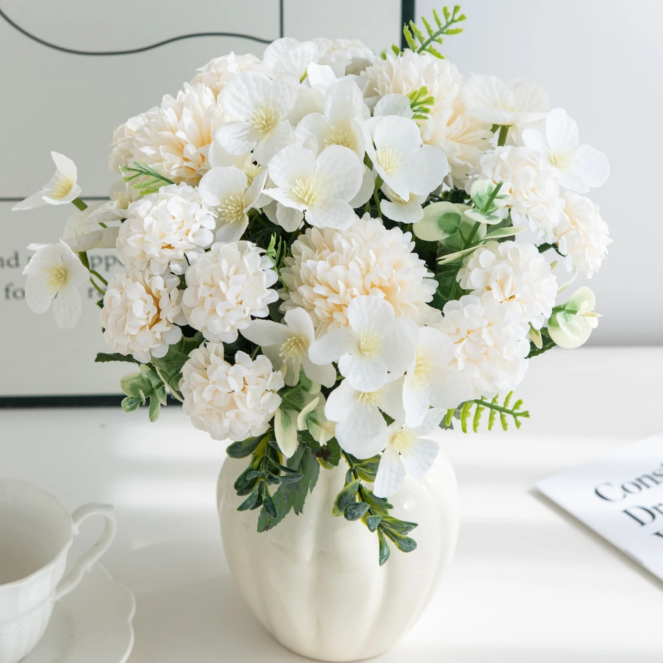 Flores Artificiales de Seda, Hortensias, Crisantemos, Corona para Bodas y Festivales, Ramo de Novia, Decoración para el Hogar, Mesa, Jardín, Patio Exterior