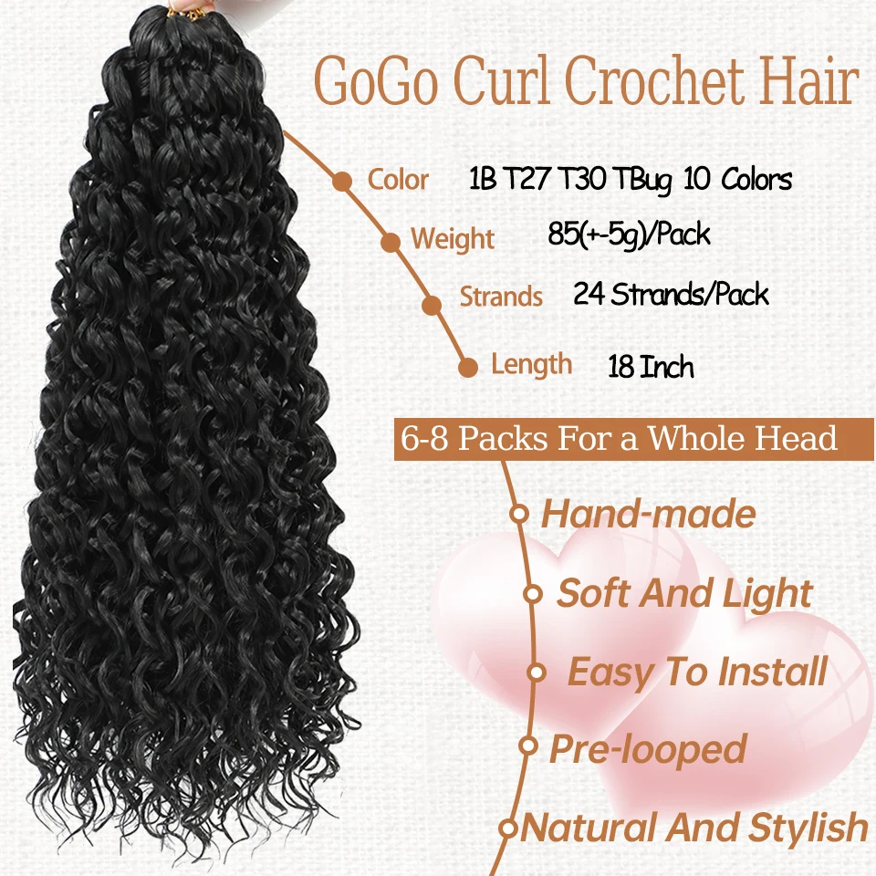 Cheveux synthétiques bouclés au crochet GoGo Curl pour femmes noires, vague océanique, cheveux de plage au crochet, 18 po, 1-8 paquets, #4, 27, 30, 350, 613, couleurs d'insectes