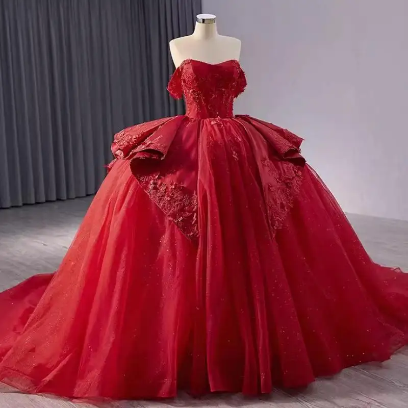 Real Picture Luxury Red Sweet 16 Girl Quinceanera Dresses Off Shoulder Lace Applique Ball Gwn Women Birthday Party Prom Dress 15