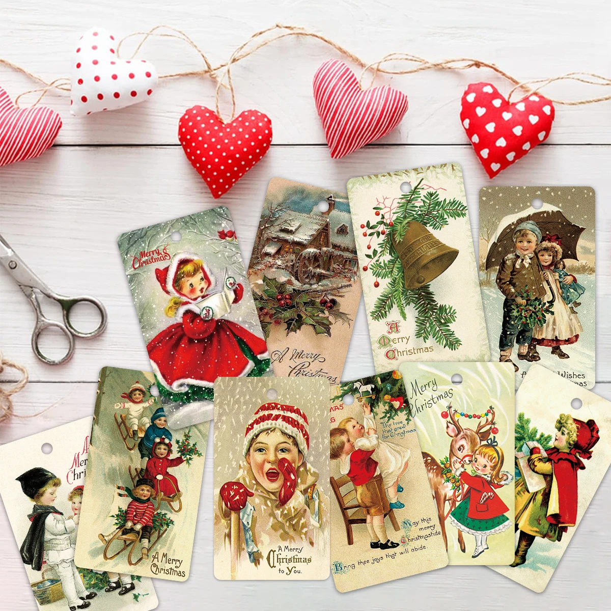 50pc Vintage Christmas Blessing Cards for Gift Tags,Kid& Reindeer Design Gift Tags with 10m hemp rope,Christmas Tree Decorations