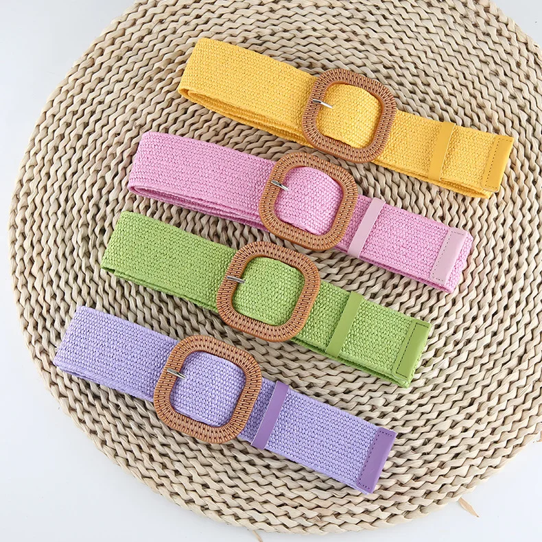 

New Korean Version Cotton and Linen Wind PP Grass Woven Belt Women's Square Buckle Dress Long Shirt Decorative Belt