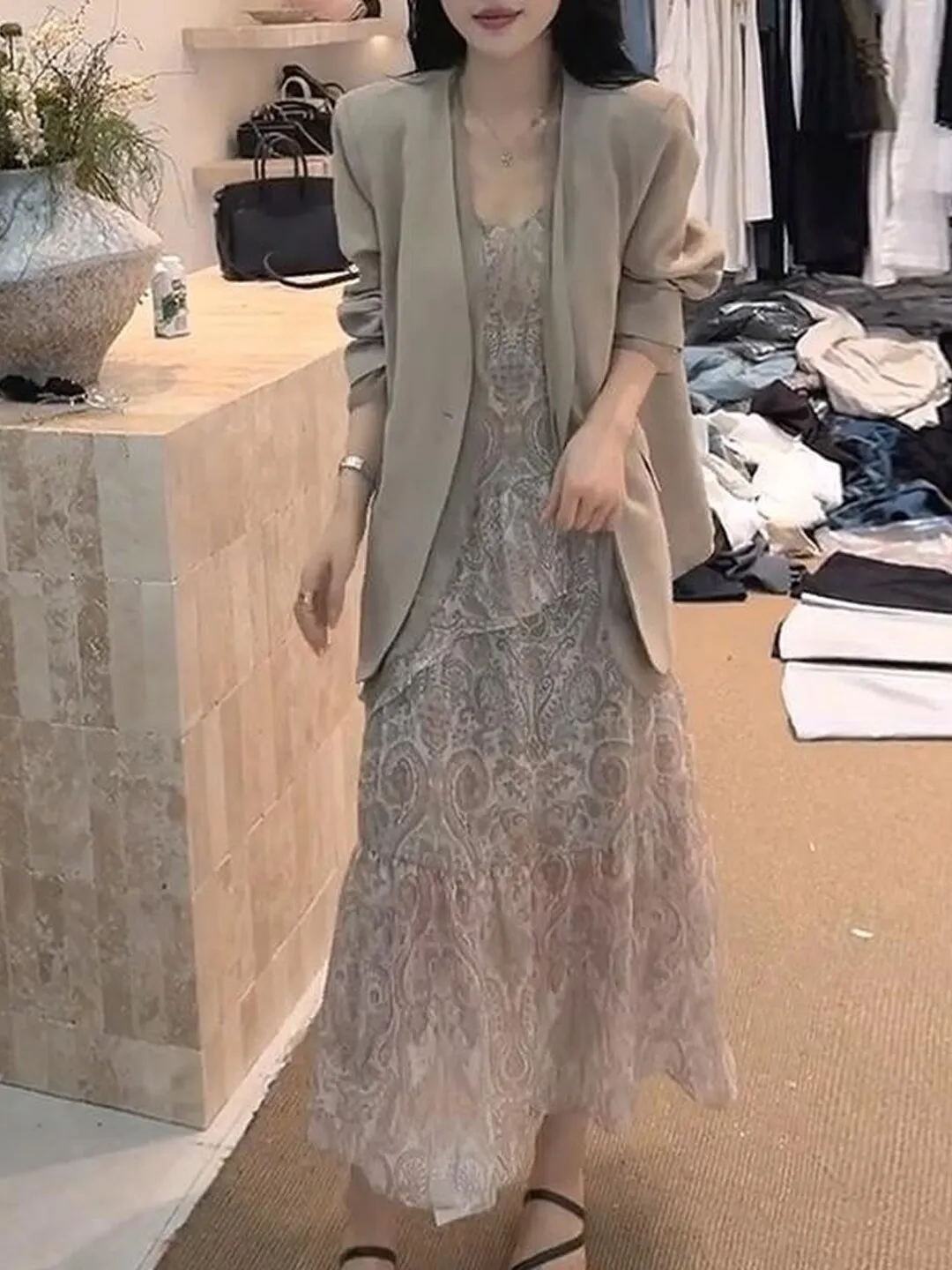 plus Size Spring Fashion Suit Set with Floral Dress Women's Korean Style Loose Fit Button up Polyester Casual Wear