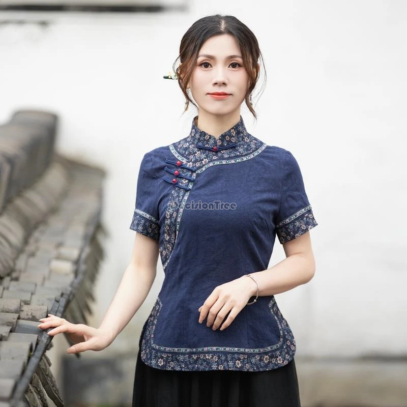 

2024 summer tang suit women chinese style improved cheongsam blouse slimming retro fashion new women short sleeve qipao top w583