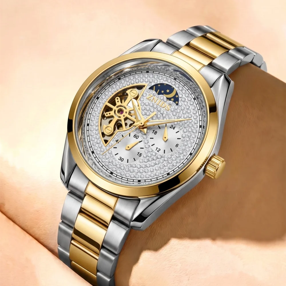 High-End Hollow-Out Men's Automatic Mechanical Watch, Half-Moon-Shaped Diamond-Encrusted Dial, Luminous Waterproof Business Luxury Men's Wristwatch, European and American Style Fashion Casual Versatile Trendy Men's Wat