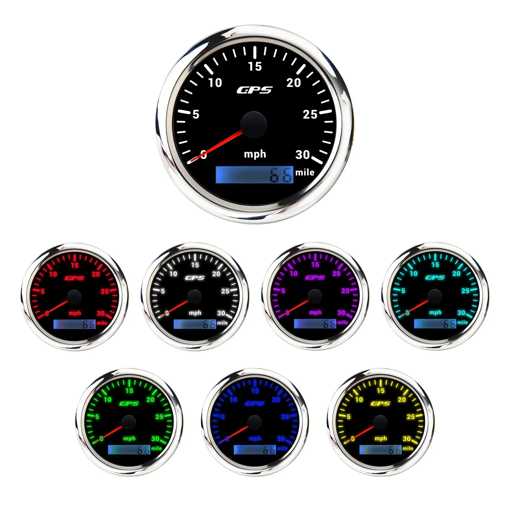 85MM GPS Marine Speedometer 0-30/Mile Tachometer with 7-Color Backlight Odometer for Boats Yachts Marine Silver + Black