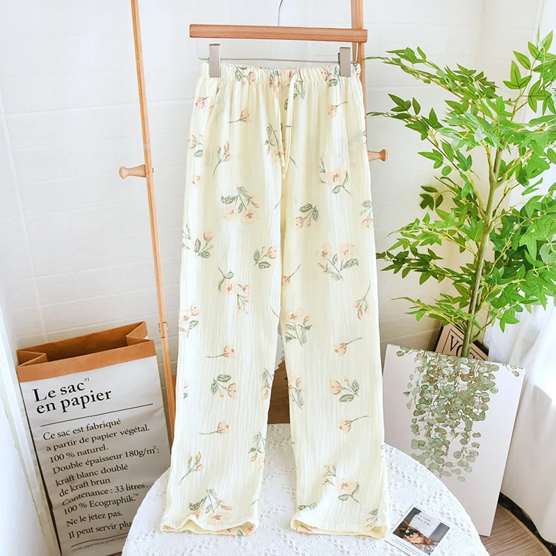 Women's Cotton Crepe Pajama Pants Loose Fit Elastic Waist Sleep Bottoms Breathable Sleep Bottoms Home Lounge Wear Four Seasons